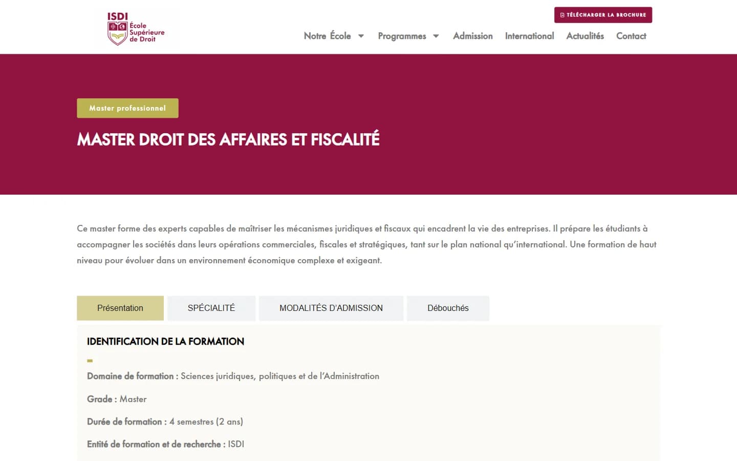 Page d’un master avec onglets