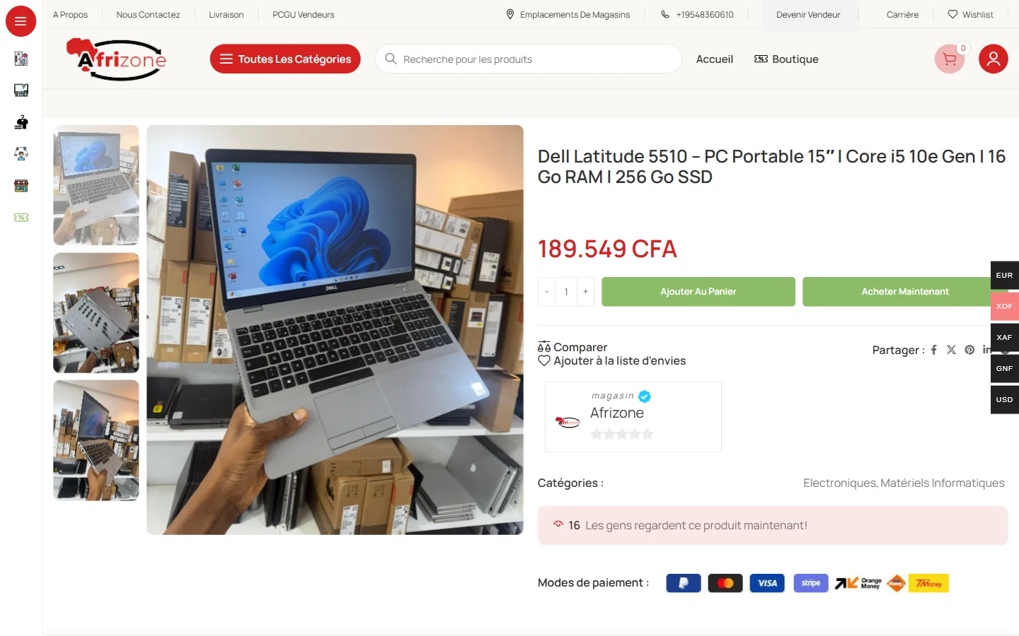 Fiche produit avec vendeur, panier, achat immédiat et modes de paiement