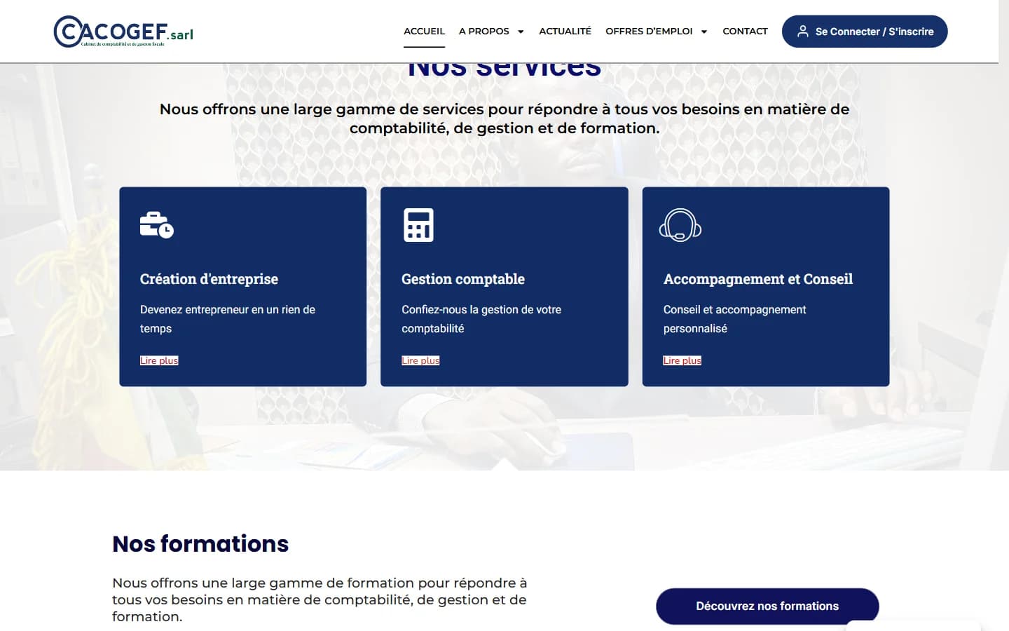 Section Nos services : création d’entreprise, gestion comptable, conseil