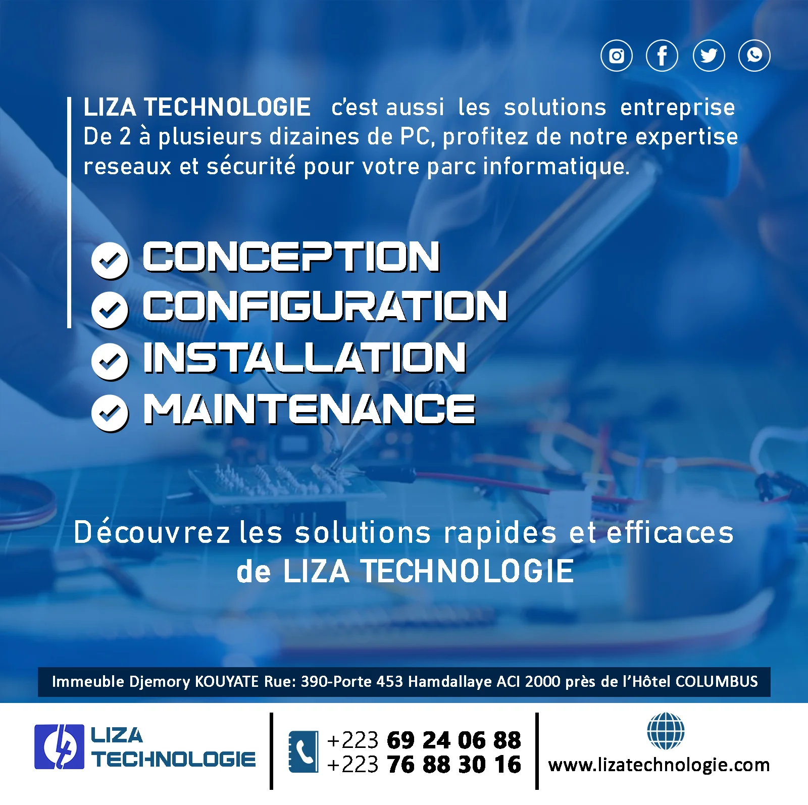 Affiche Liza Technologie : conception, configuration, installation et maintenance réseau