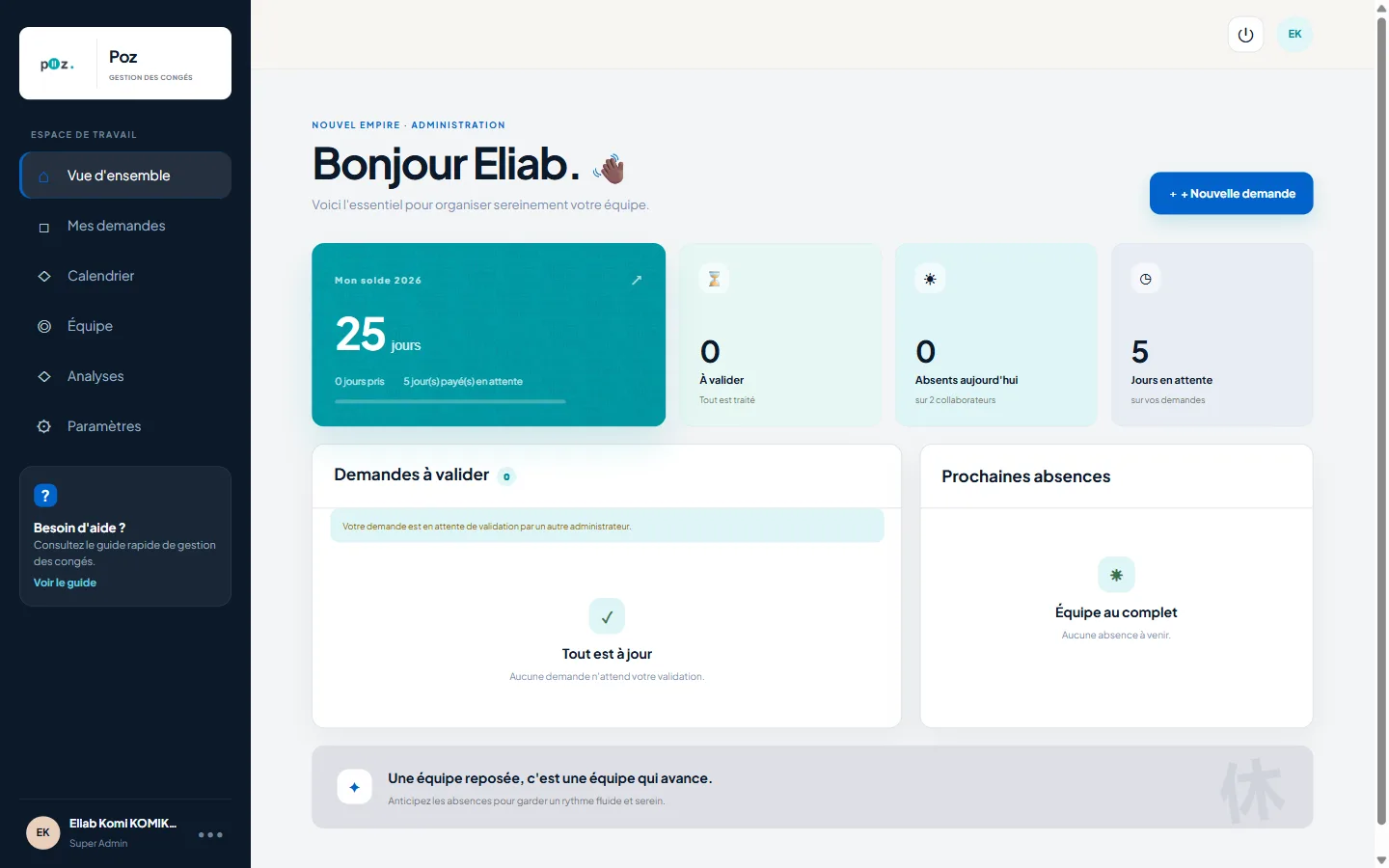 Espace application : tableau de bord