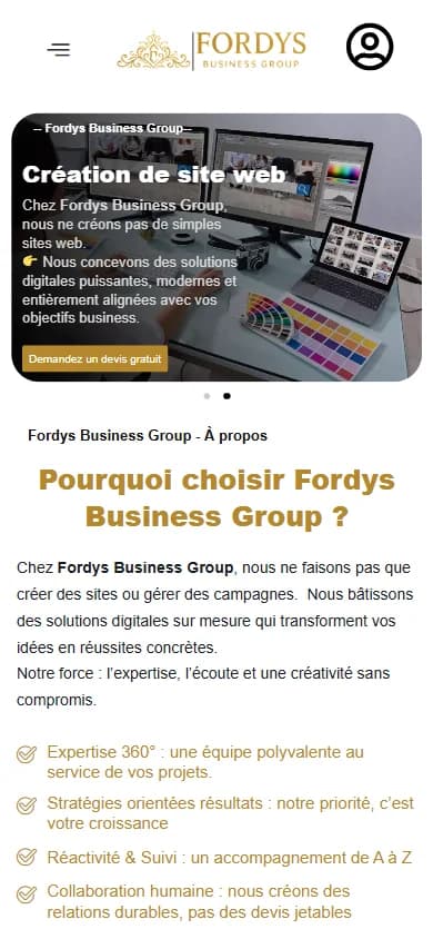 Fordys Business Group — Site d’une agence digitale avec espace clients sur téléphone