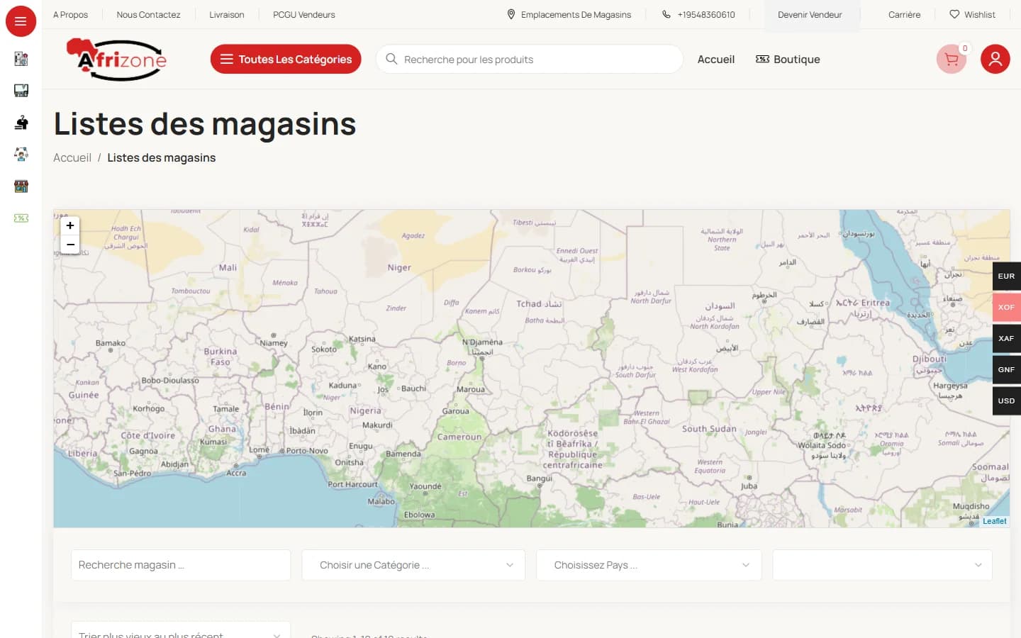 Liste des magasins sur une carte, avec recherche par catégorie et pays