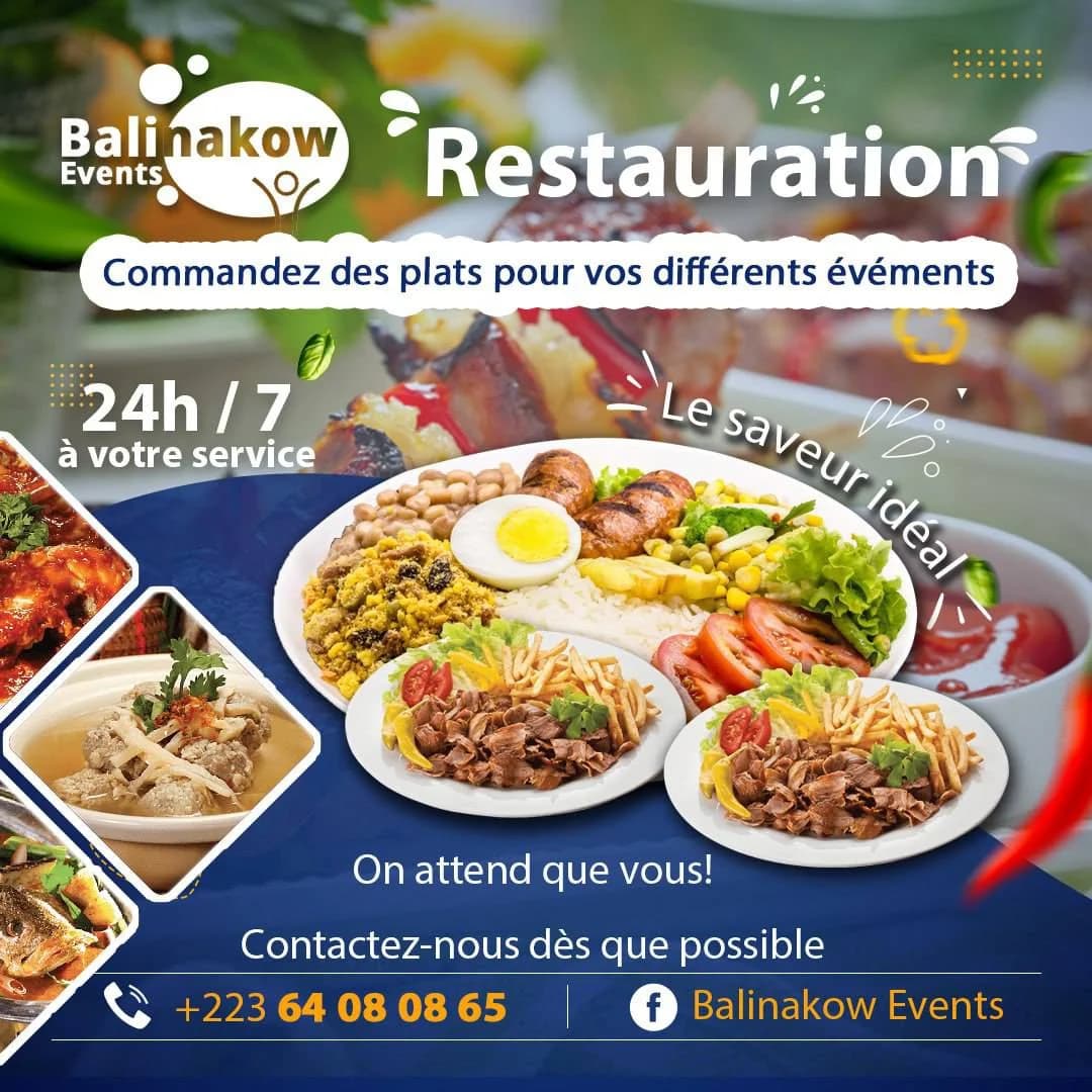 Affiche Balinakow Events : plats variés, service de restauration 24 h/24