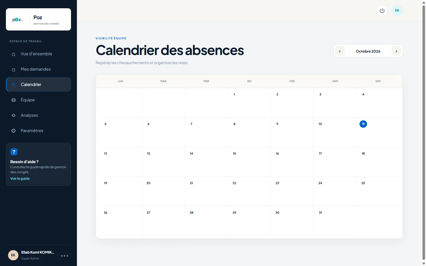 Calendrier des absences