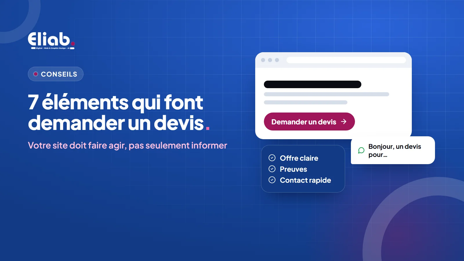 Couverture : maquette de site avec un bouton « Demander un devis » et une bulle de message