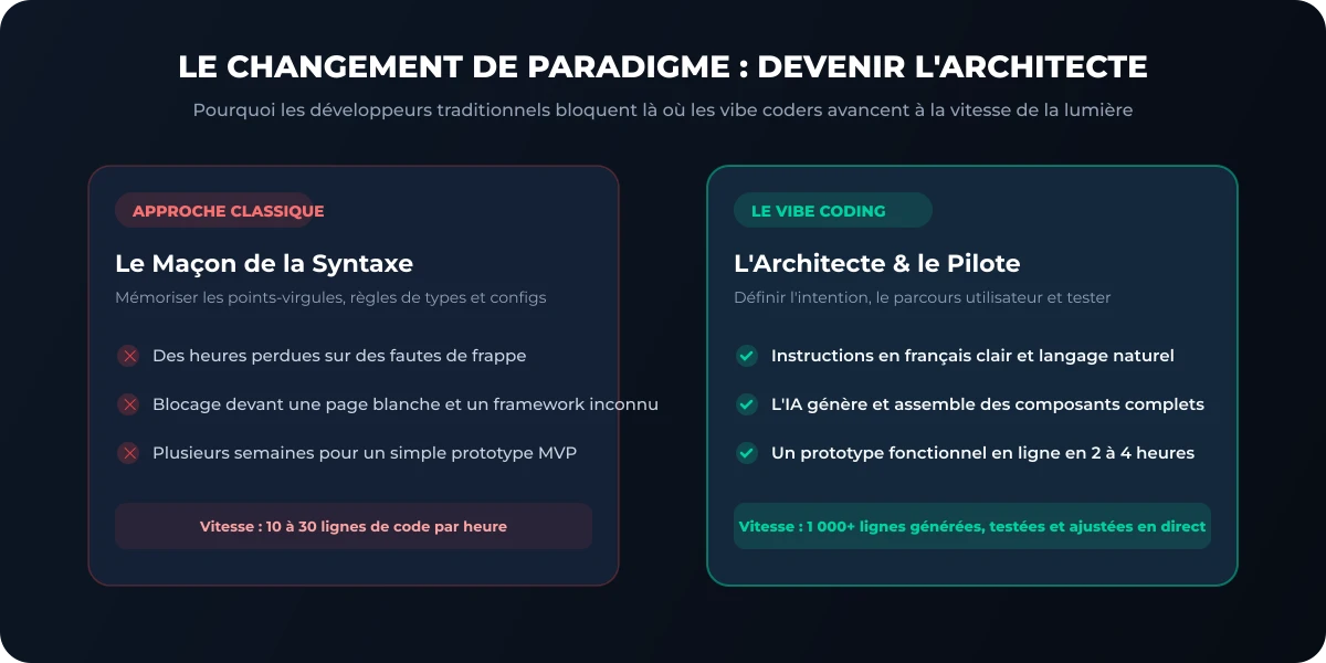 Schéma d'analyse comparative : Développeur exécutant vs Architecte Vibe Coder