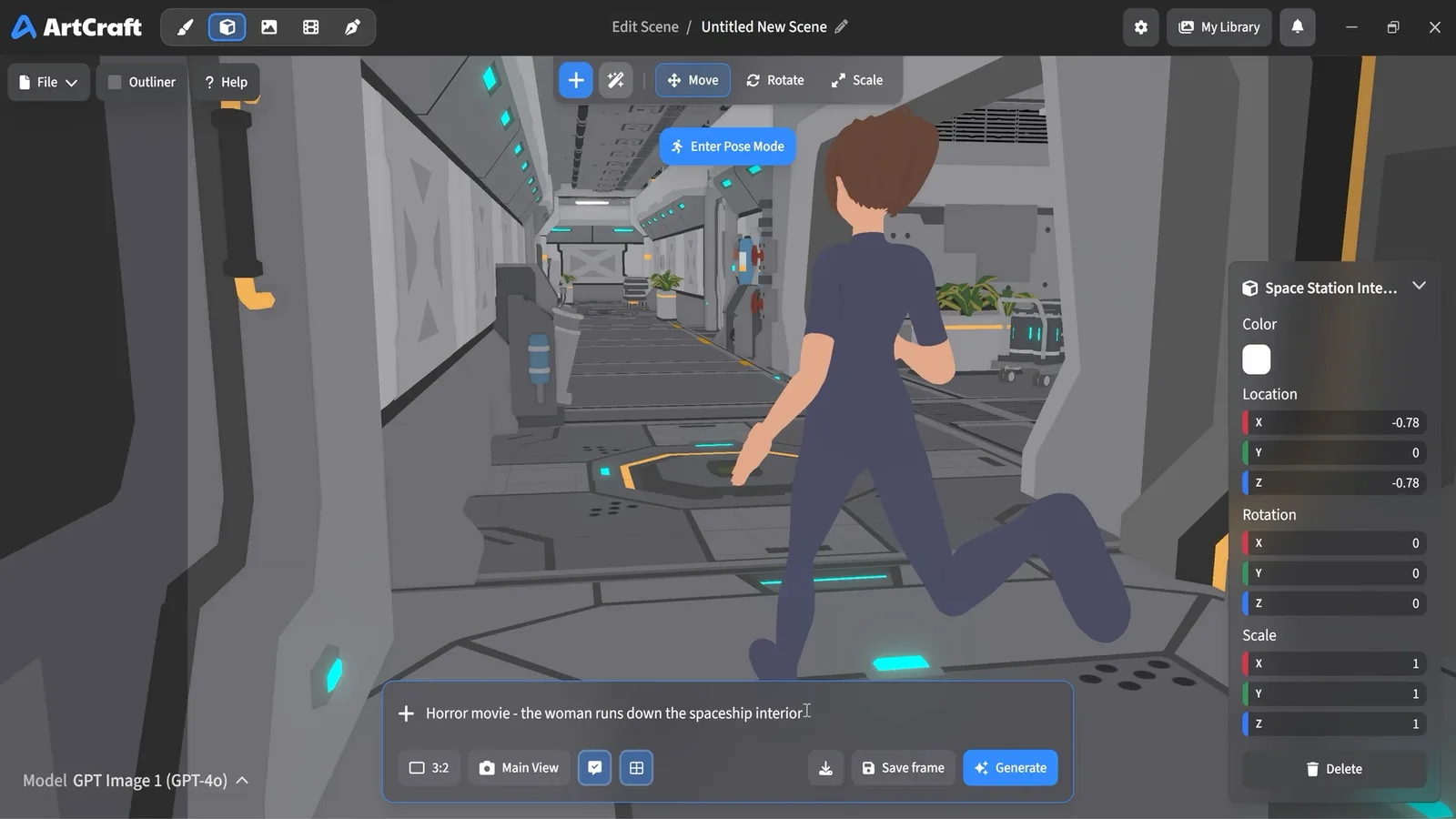 L’interface d’ArtCraft : un personnage posé dans une scène 3D de station spatiale, prêt pour la génération (kit presse ArtCraft)