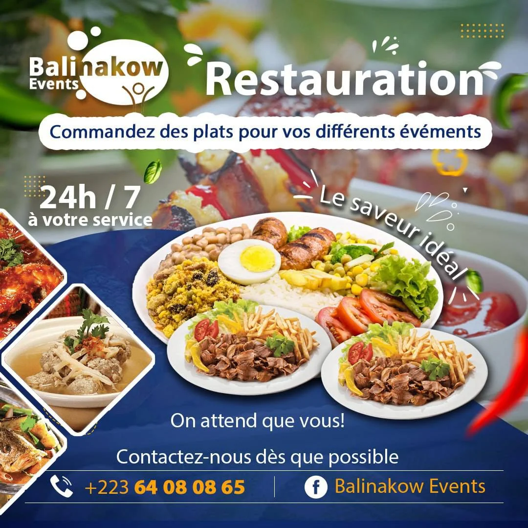 Affiche Balinakow Events : plats variés, service de restauration 24 h/24